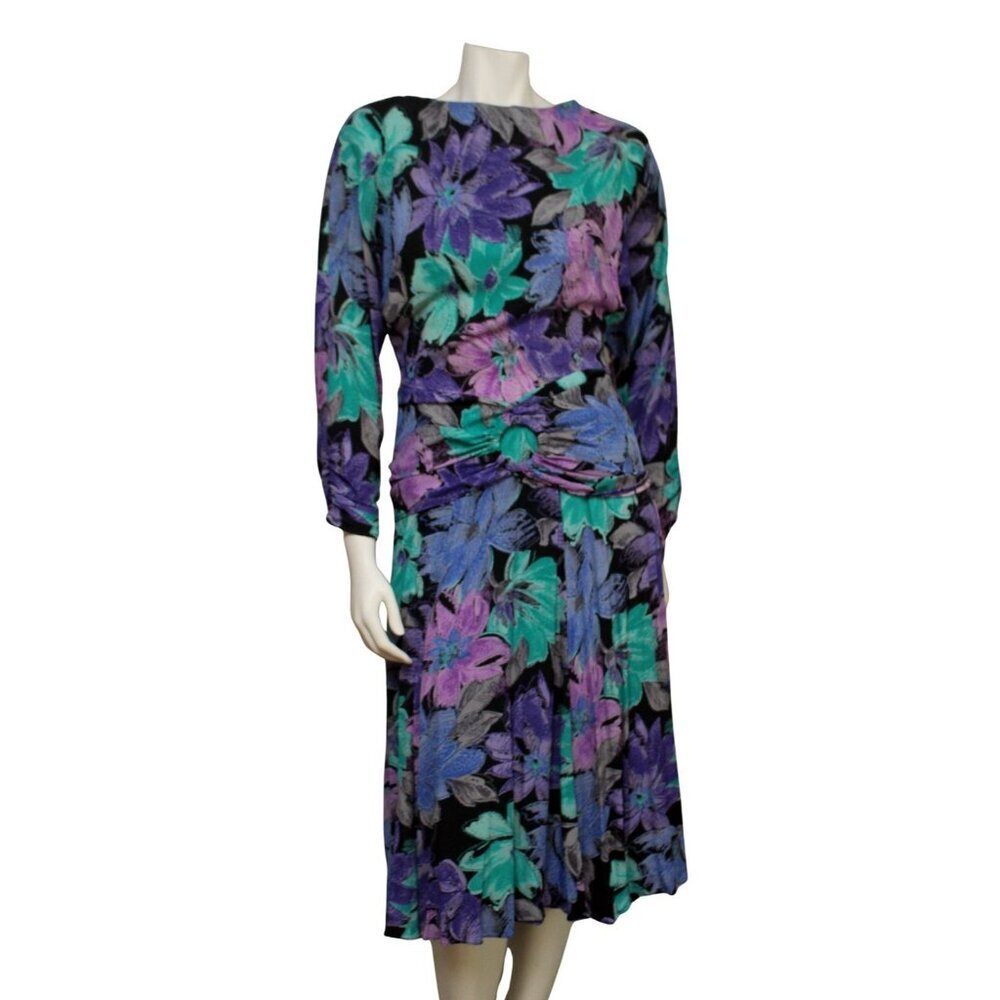 Vintage 80s Barbara California Floral Dress Size 8 Purple Midi Boho